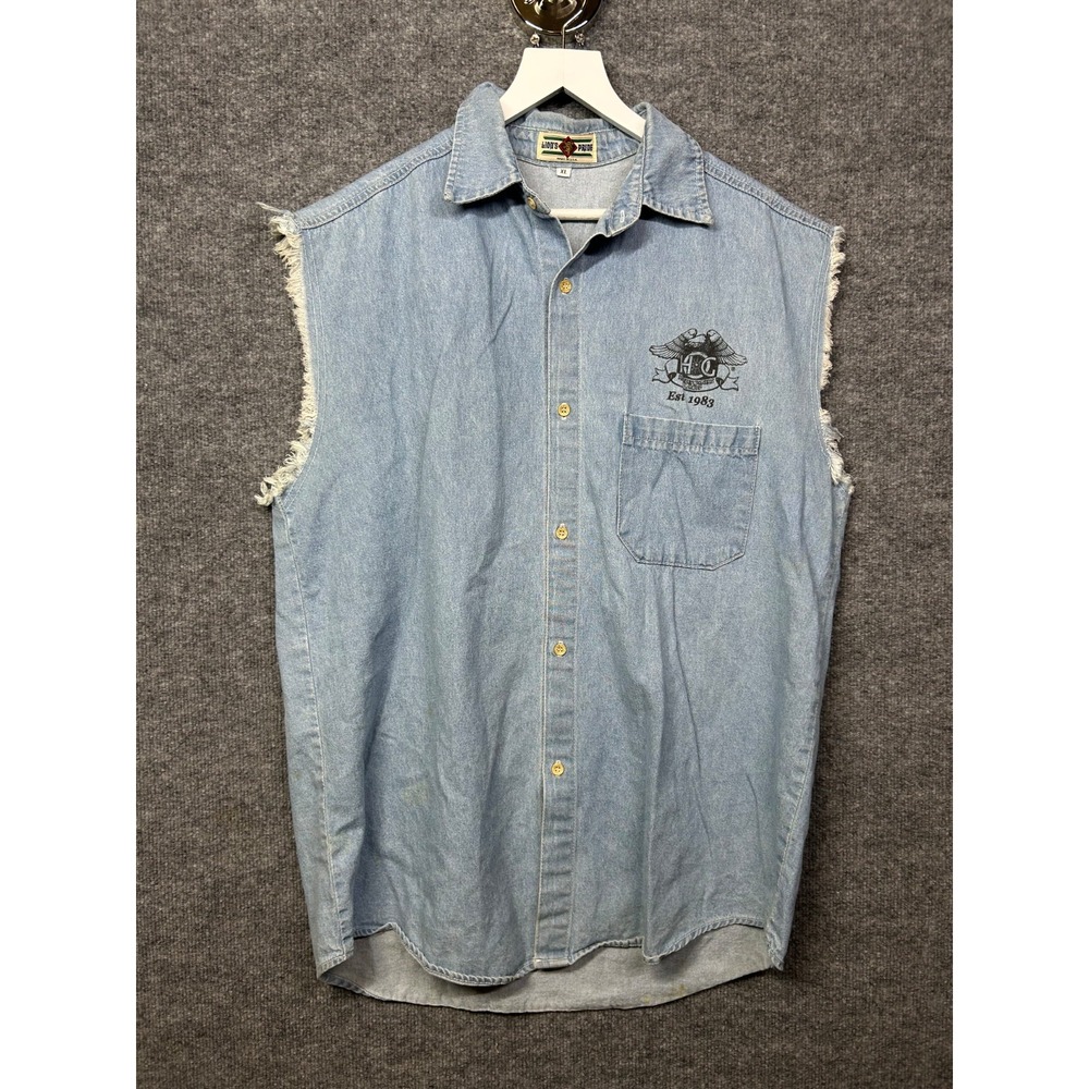 Vintage Lion's Pride Button Up Denim Shirt Men's Blue Sleeveless USA Made - XL